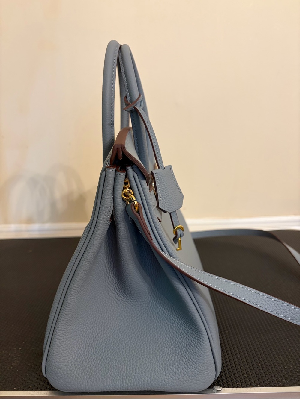 Luxury Real Leather 30cm Satchel in Light Blue with Gold Hardware - Picture 5 of 11